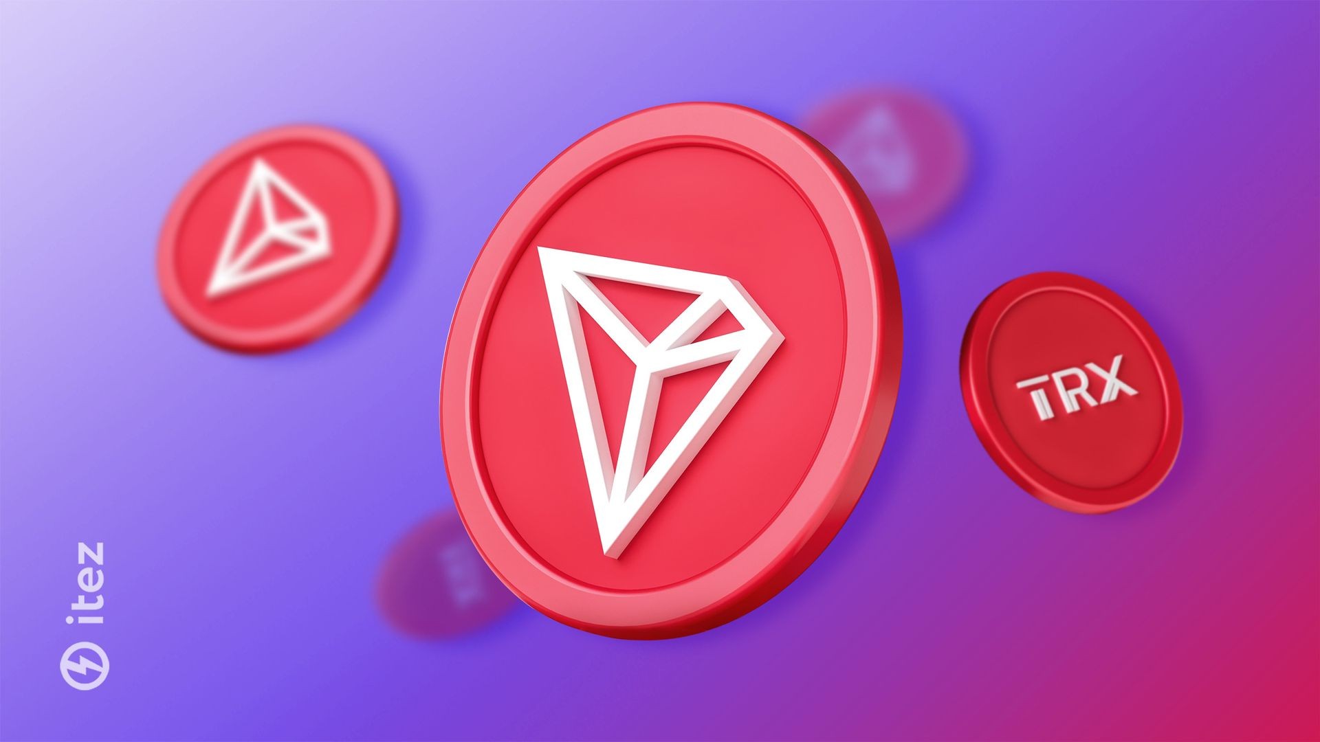 Floating red Tron (TRX) cryptocurrency coins with the itez logo on a gradient background.