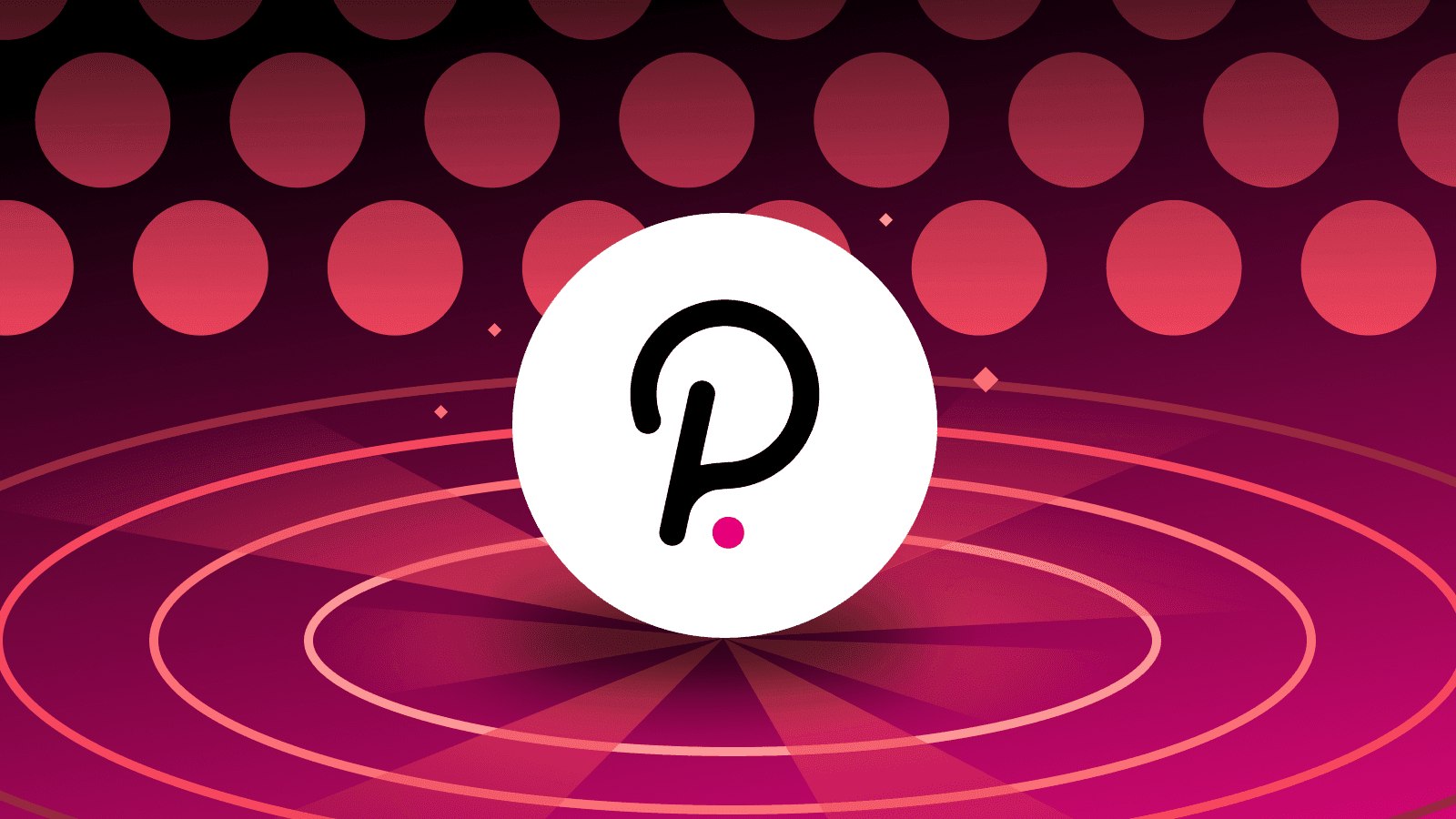 Polkadot logo in a white circle with pink and purple gradient background and circular patterns.