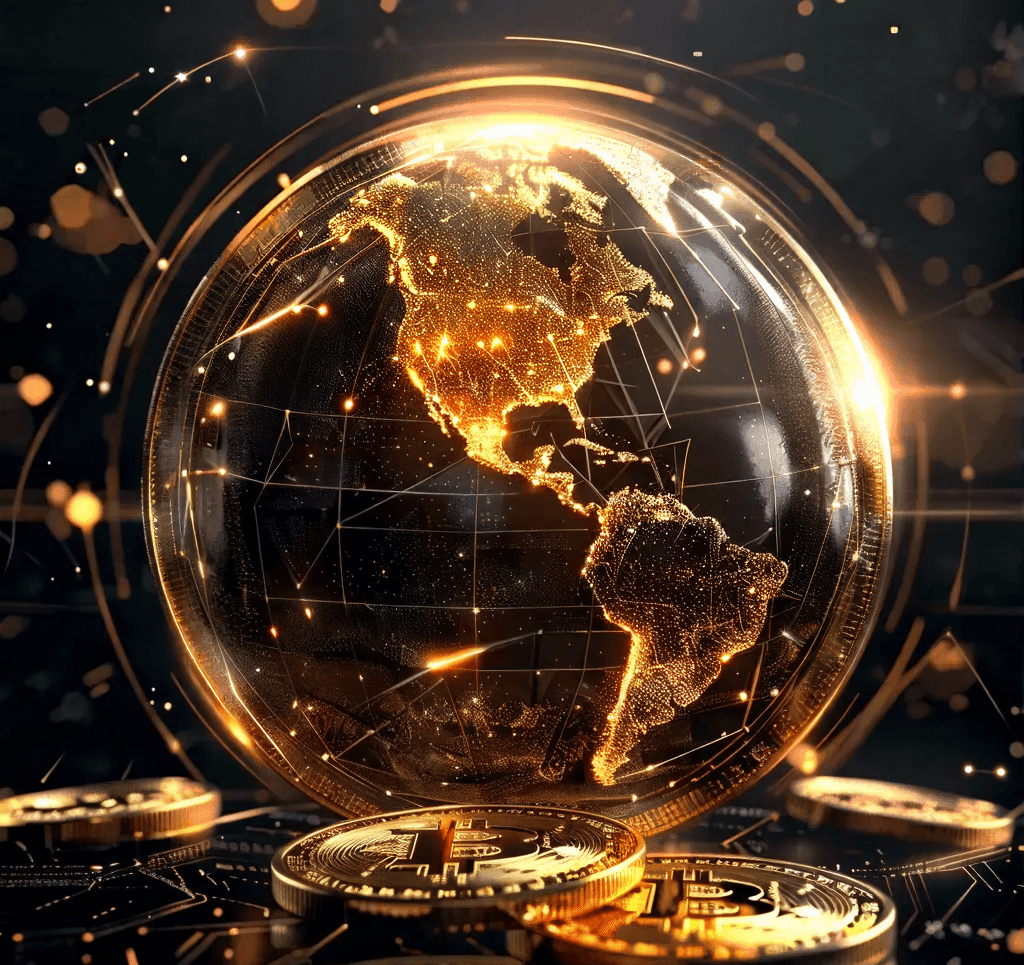 Glowing digital globe showing the Americas with Bitcoin symbols in foreground, representing global cryptocurrency market.