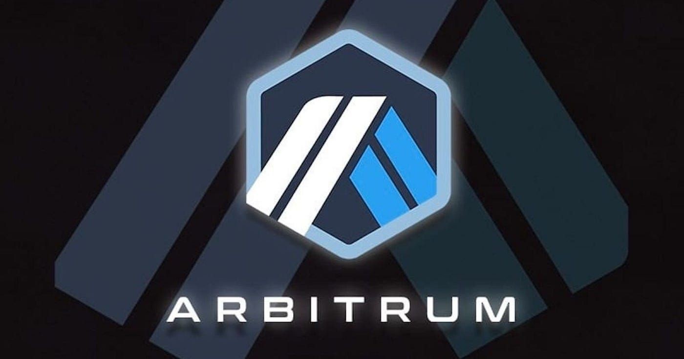 Arbitrum logo with geometric design and bold letters on a dark background.