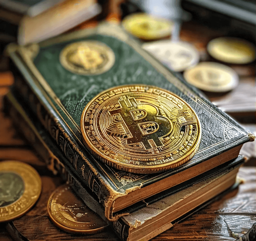 Stack of vintage books with a large Bitcoin coin on top, surrounded by other scattered coins.