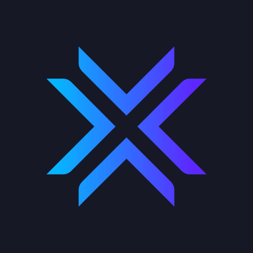 Abstract gradient icon forming an 'X' shape with blue and purple colors on a dark background.