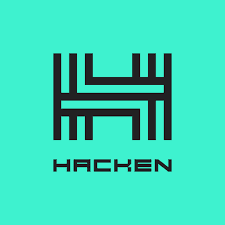 Hacken logo with stylized black geometric design on a turquoise background.