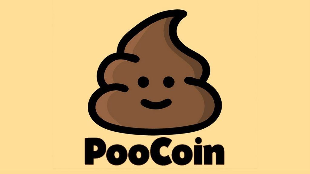 Logo with a smiling poop emoji and the text 'PooCoin' on a yellow background.