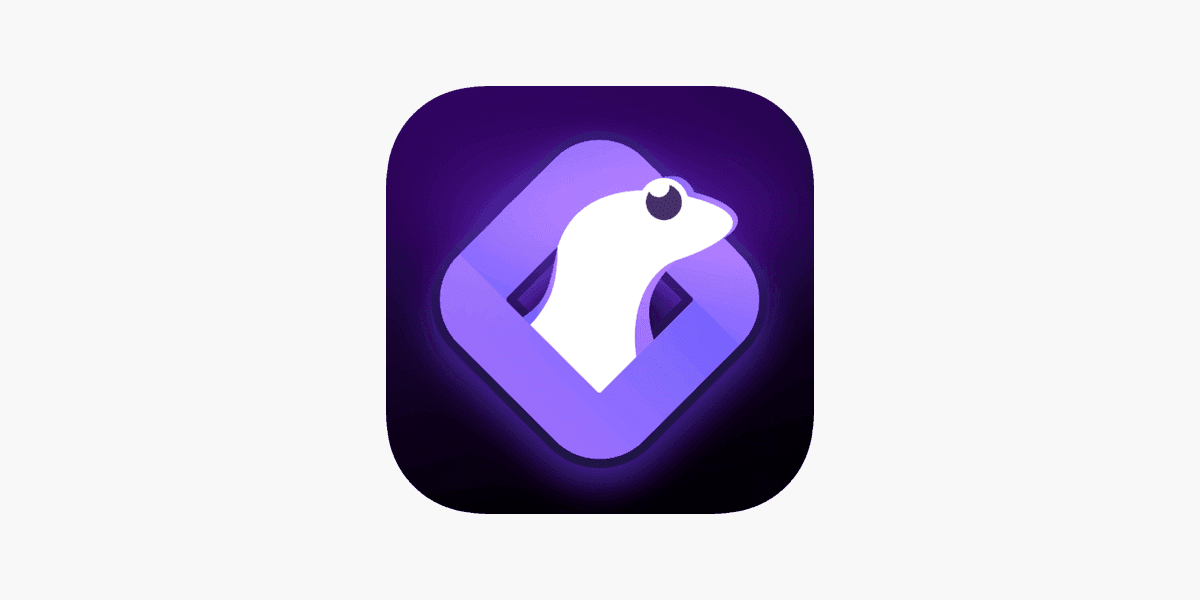 App icon featuring a white ferret-like silhouette within a purple diamond shape on a dark background.