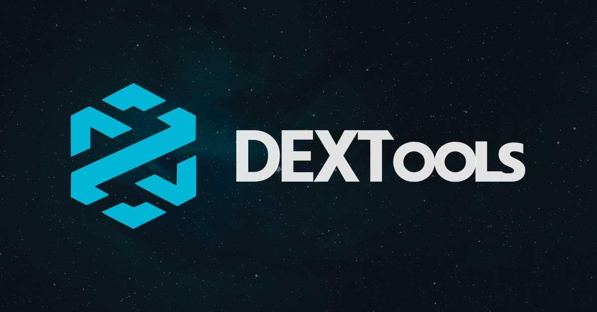 DEXTools logo with a stylized blue hexagonal graphic on a dark starry background.