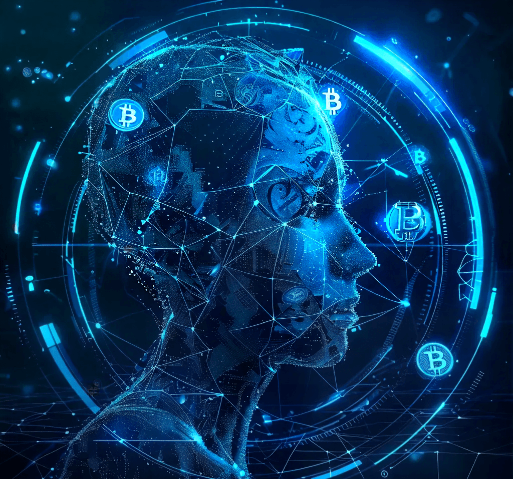 Digital illustration of a humanoid face composed of interconnected lines and nodes, surrounded by cryptocurrency symbols.