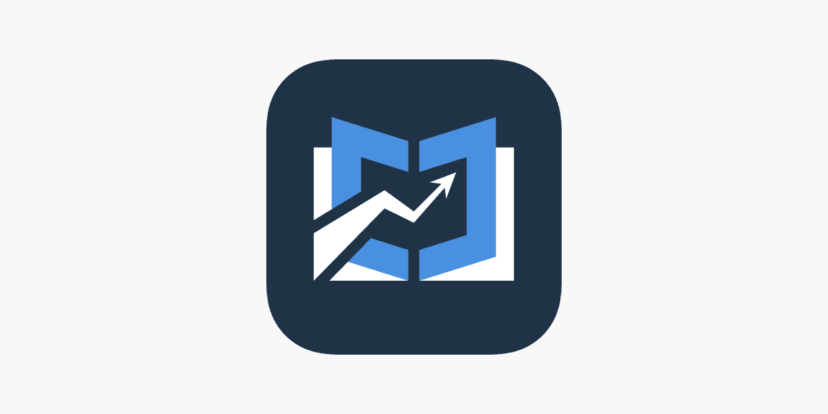 Icon with a stylized book and an upward arrow, representing growth or progress.