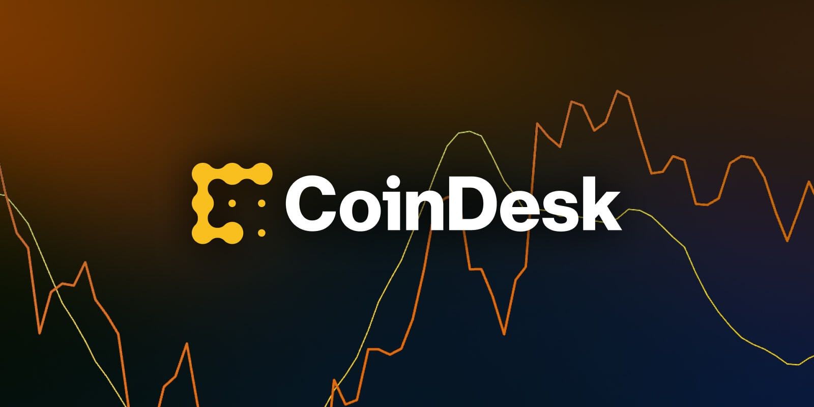 CoinDesk logo on a dark gradient background with abstract line graphs in orange and green colors.