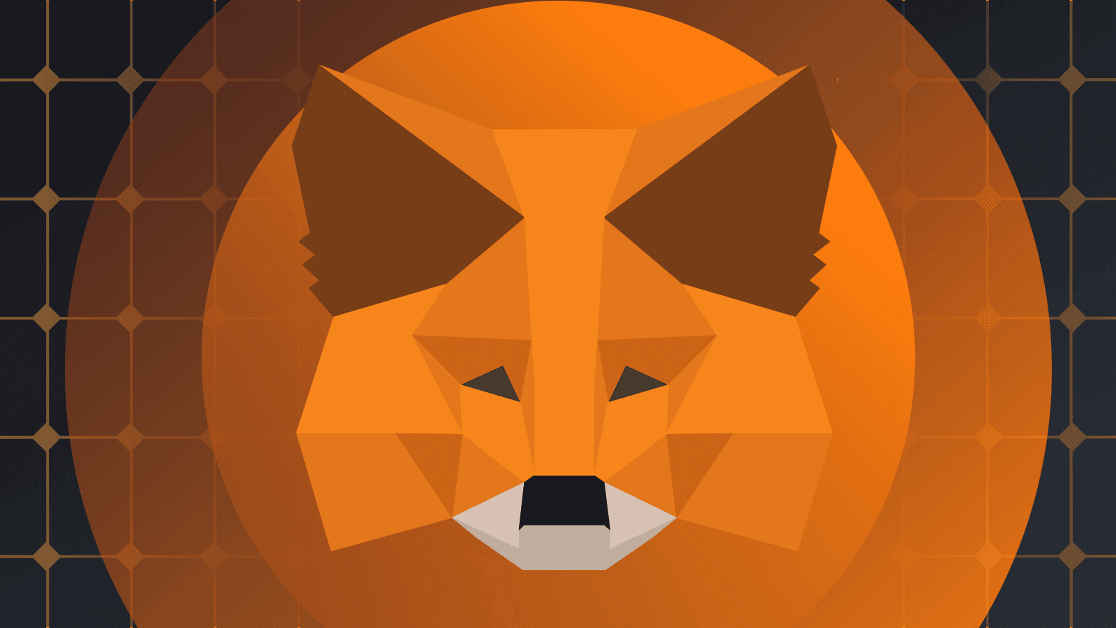 Geometric illustration of a fox's face with an orange color scheme and grid-like background.