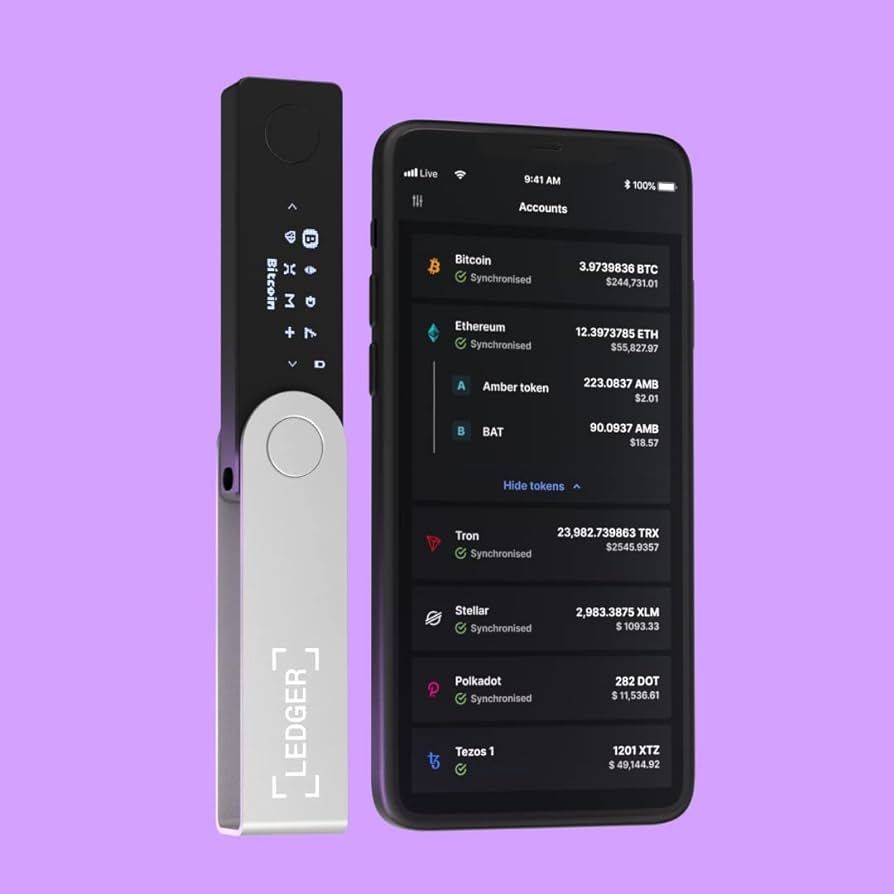 Cryptocurrency hardware wallet and smartphone displaying various cryptocurrency balances against a purple background.