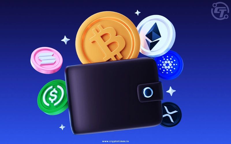 Digital wallet with various cryptocurrency symbols like Bitcoin, Ethereum, and Ripple on a blue background.