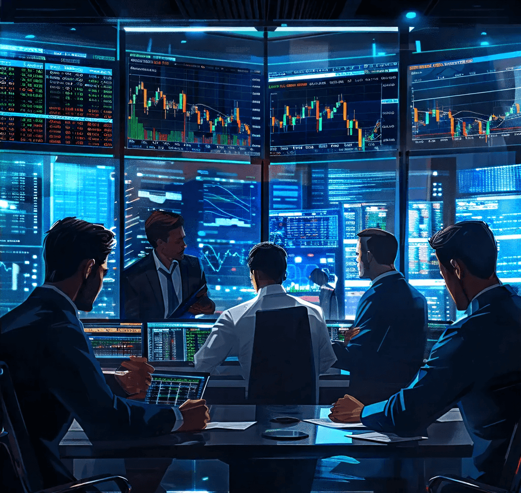 A group of people in a control room analyzing multiple screens displaying stock market charts and financial data.