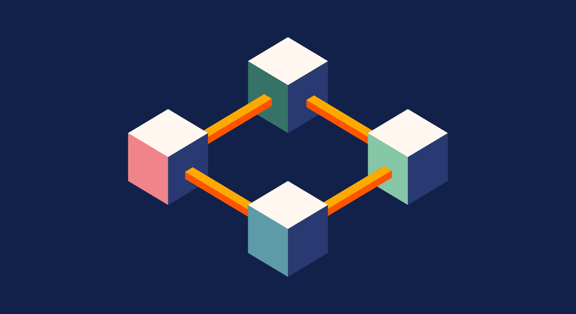 Abstract illustration of four interconnected 3D cubes with orange connectors on a dark blue background.