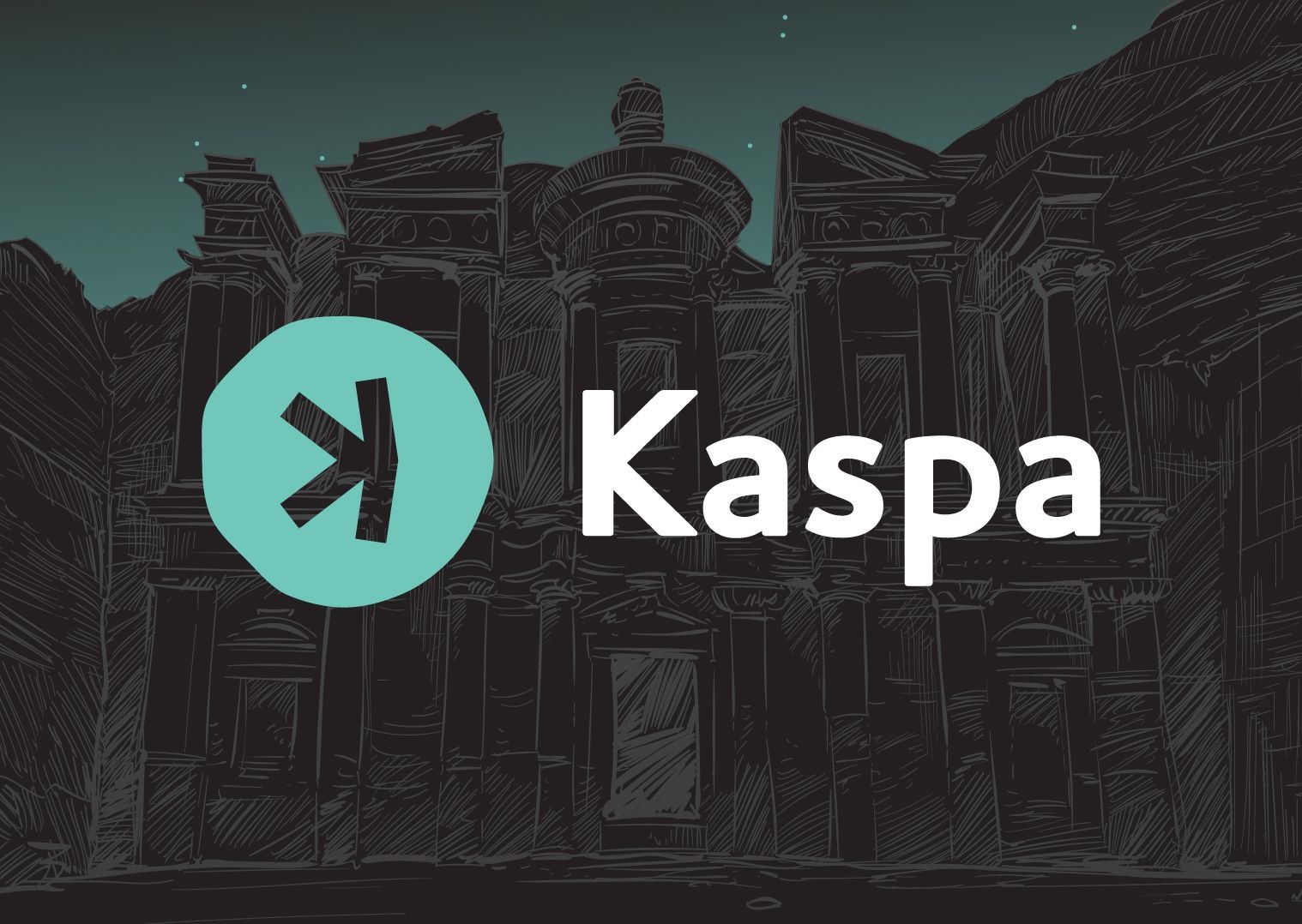 Kaspa logo on a backdrop of an intricately sketched architectural structure.