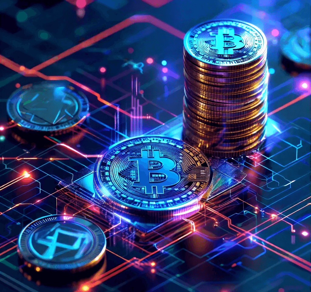 Stack of Bitcoin coins on a digital circuit background with neon lights and other cryptocurrency coins scattered around.