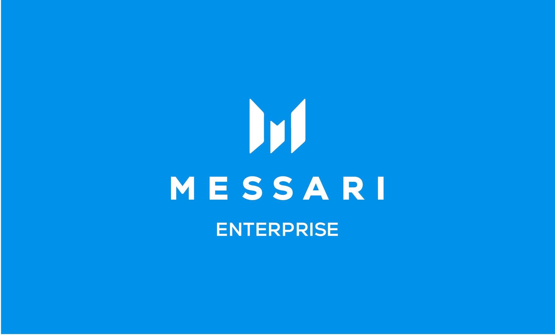 Blue logo with stylized 'M' symbol above the text 'Messari Enterprise'.