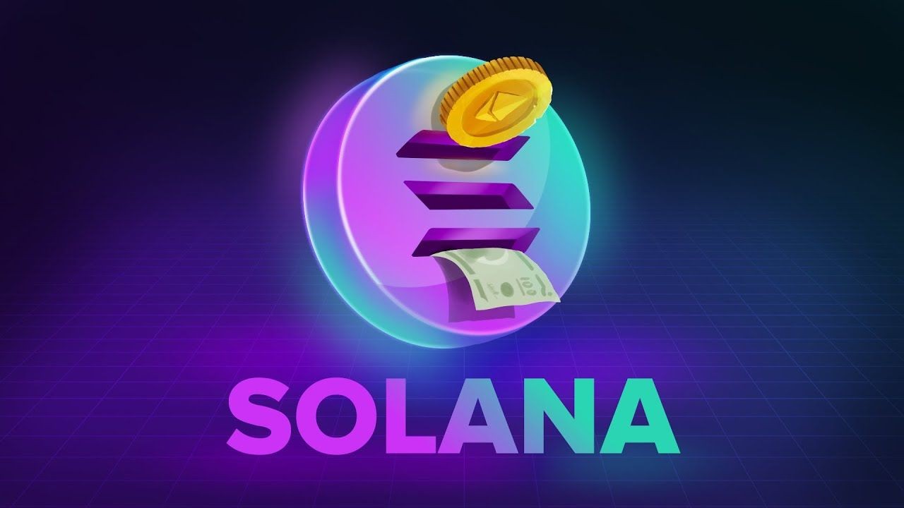 Solana logo with digital coin and banknote on a dark gradient background.