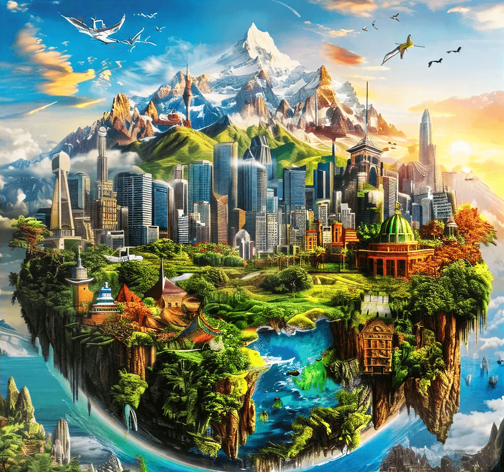 Fantasy floating island with futuristic city, lush greenery, mountains, and flying birds.