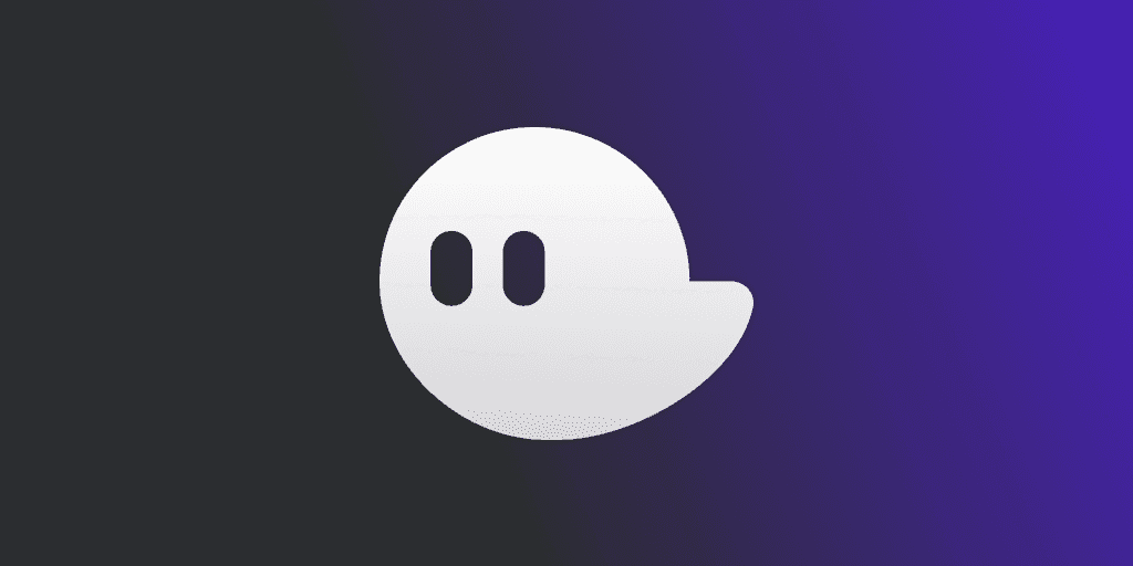 White abstract logo resembling a minimalistic ghost on a gradient black to purple background.