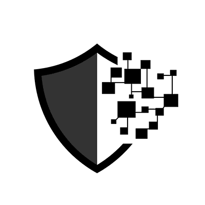 Black and white shield graphic, partially disintegrating into digital squares on the right side.