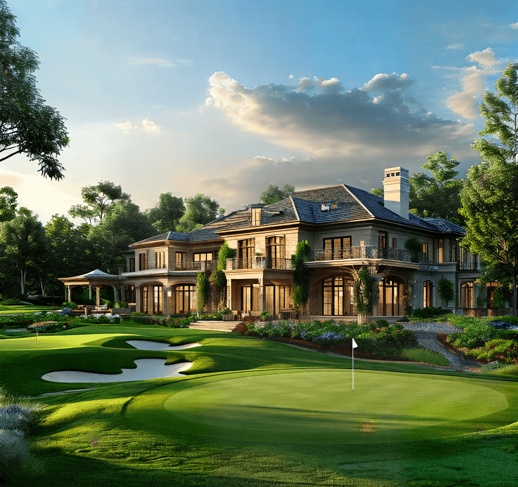 Luxurious mansion with extensive windows and balconies, surrounded by lush greenery and a landscaped golf course.