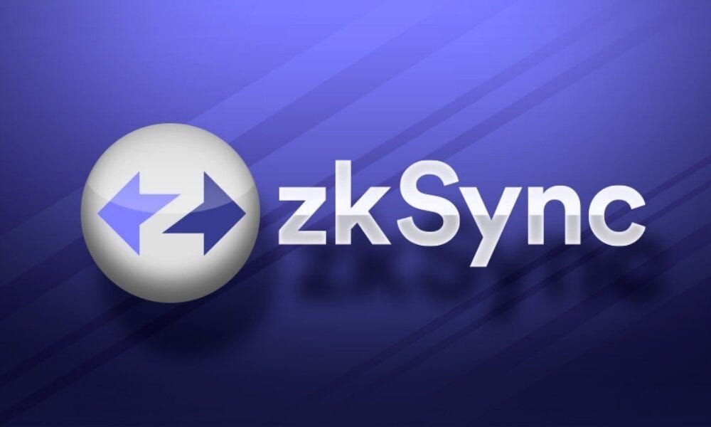 zkSync logo featuring blue arrows in a circle on a purple background.