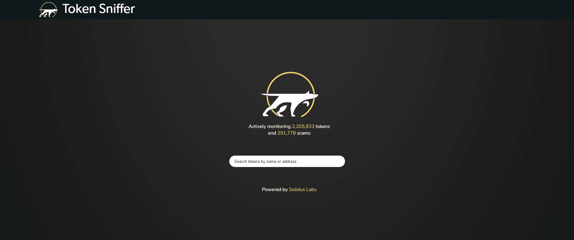 Token Sniffer homepage with a search bar and statistics on tokens and scams actively being monitored.