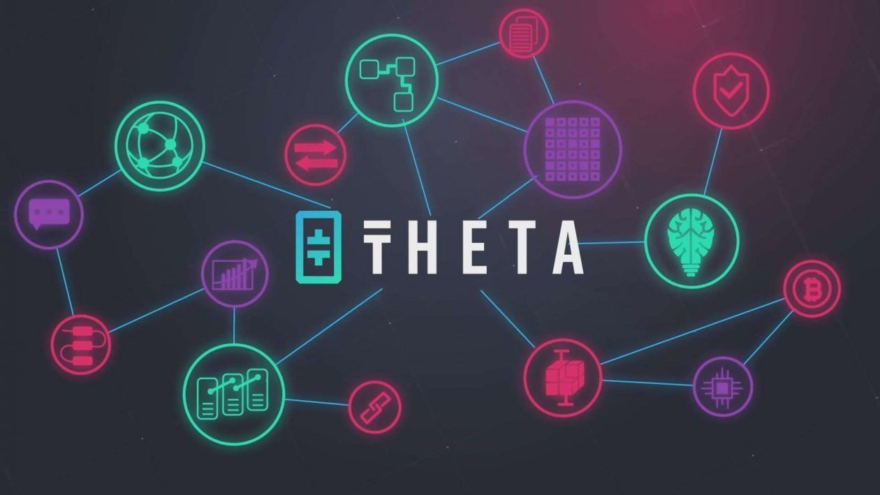 Colorful graphic of interconnected digital icons with the text 'THETA' in the center.