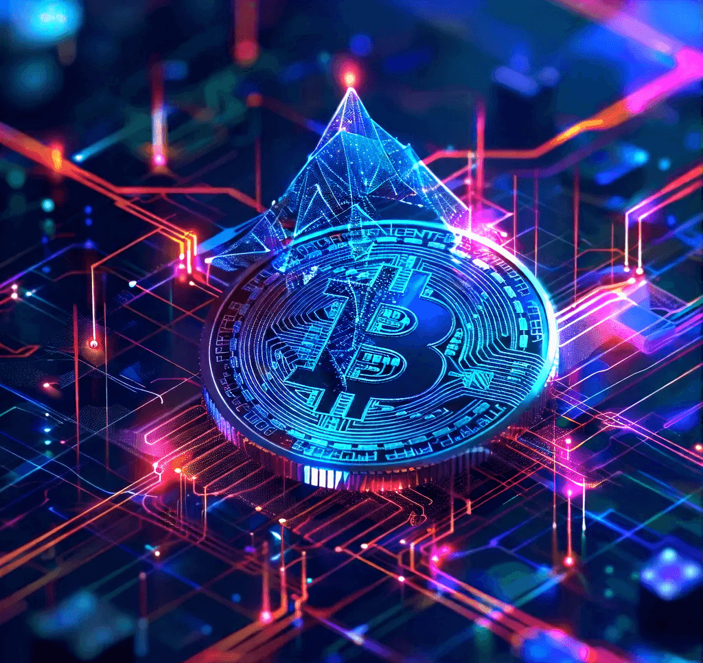 Digital illustration featuring a Bitcoin coin with a glowing pyramid above it, surrounded by neon circuit lines.