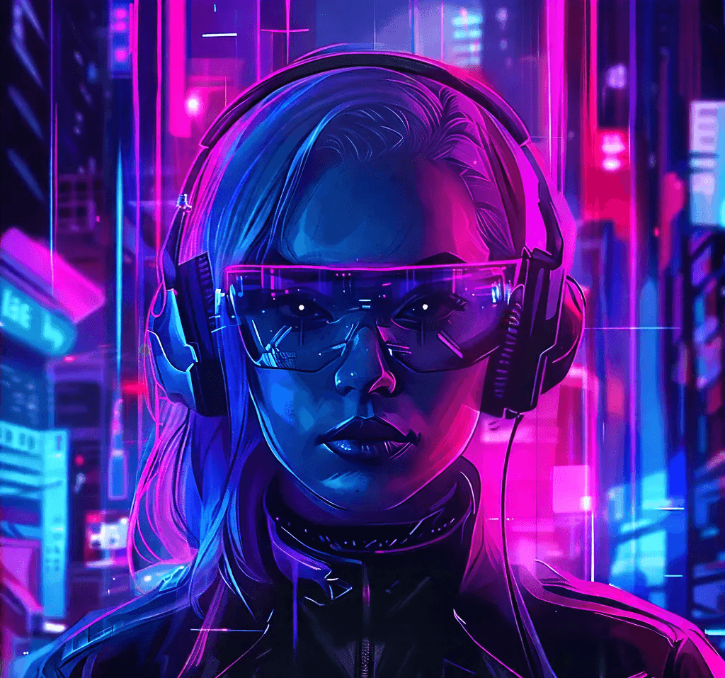 Person wearing large headphones in a vibrant, neon-lit futuristic cityscape with blue and pink hues.