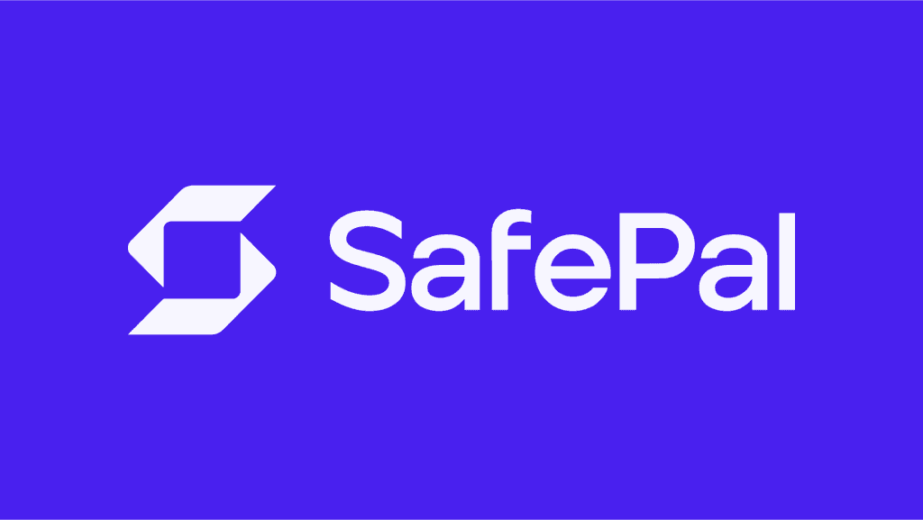 SafePal logo with white text on a purple background and a geometric design on the left.