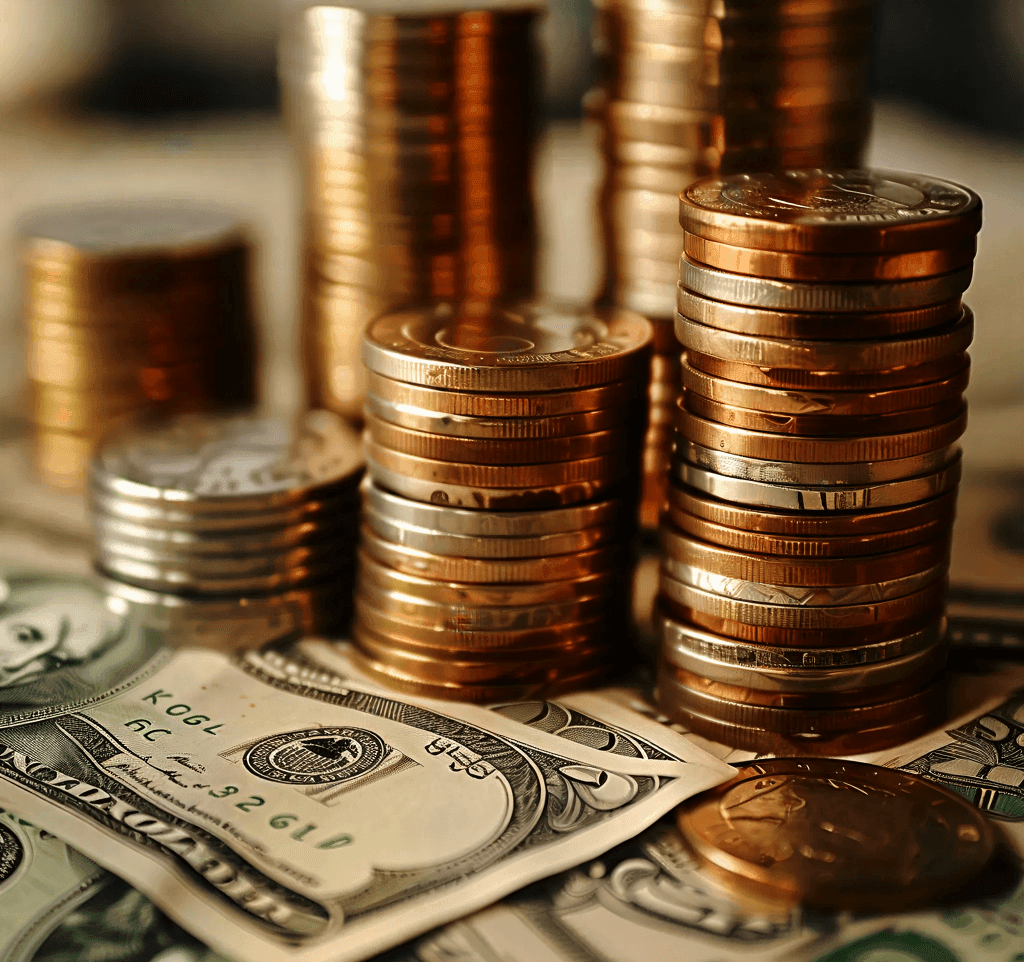 Stacks of coins and paper currency arranged neatly on a surface, representing money and financial concepts.