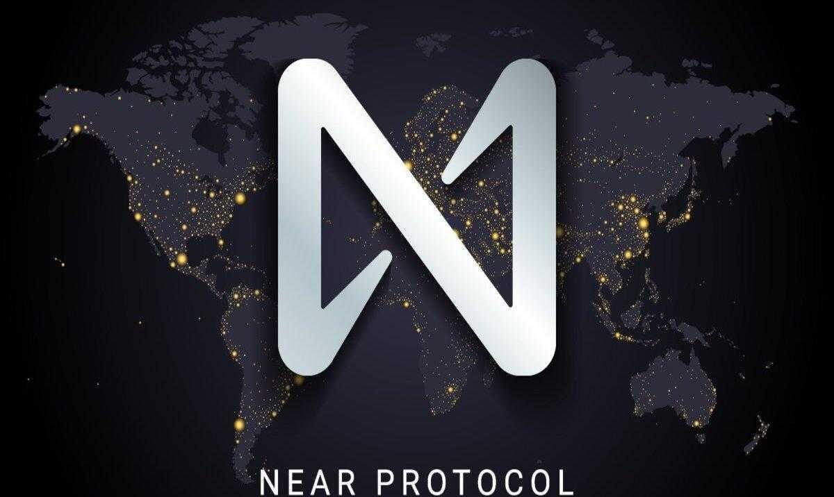 Logo of NEAR Protocol on a dark world map with illuminated locations.