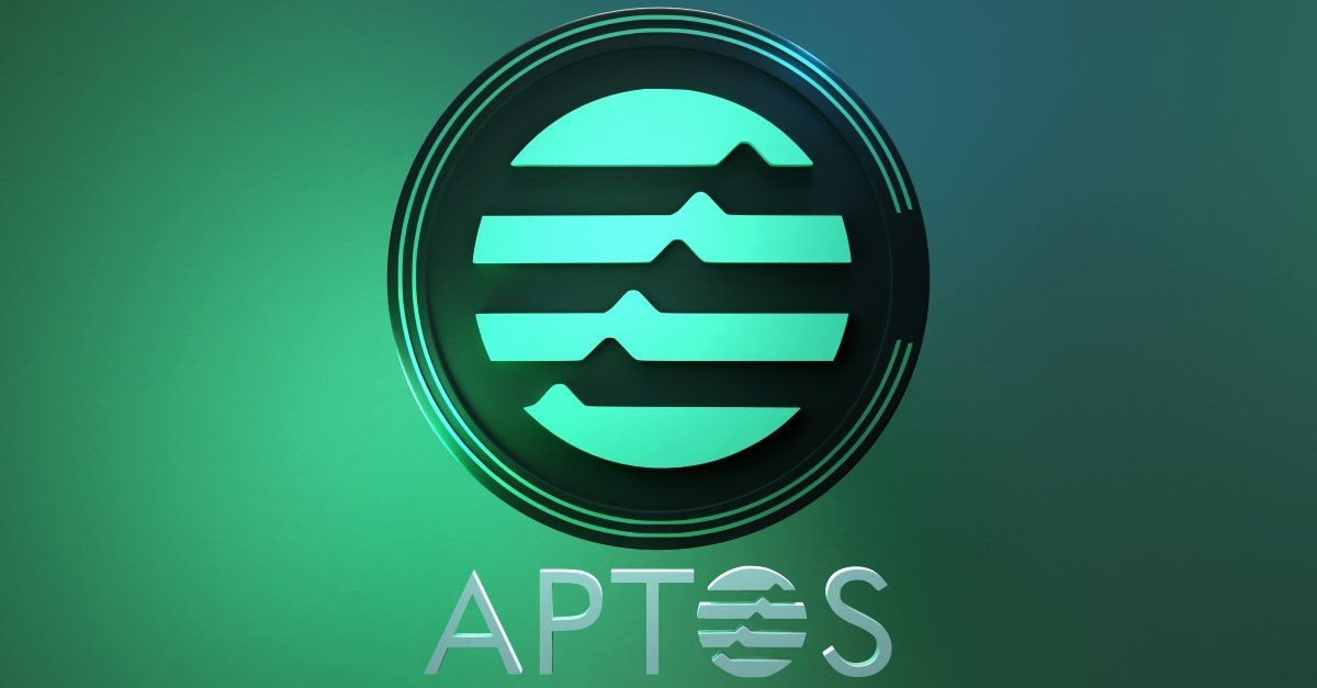 Aptos logo with stylized circular design on a green gradient background.